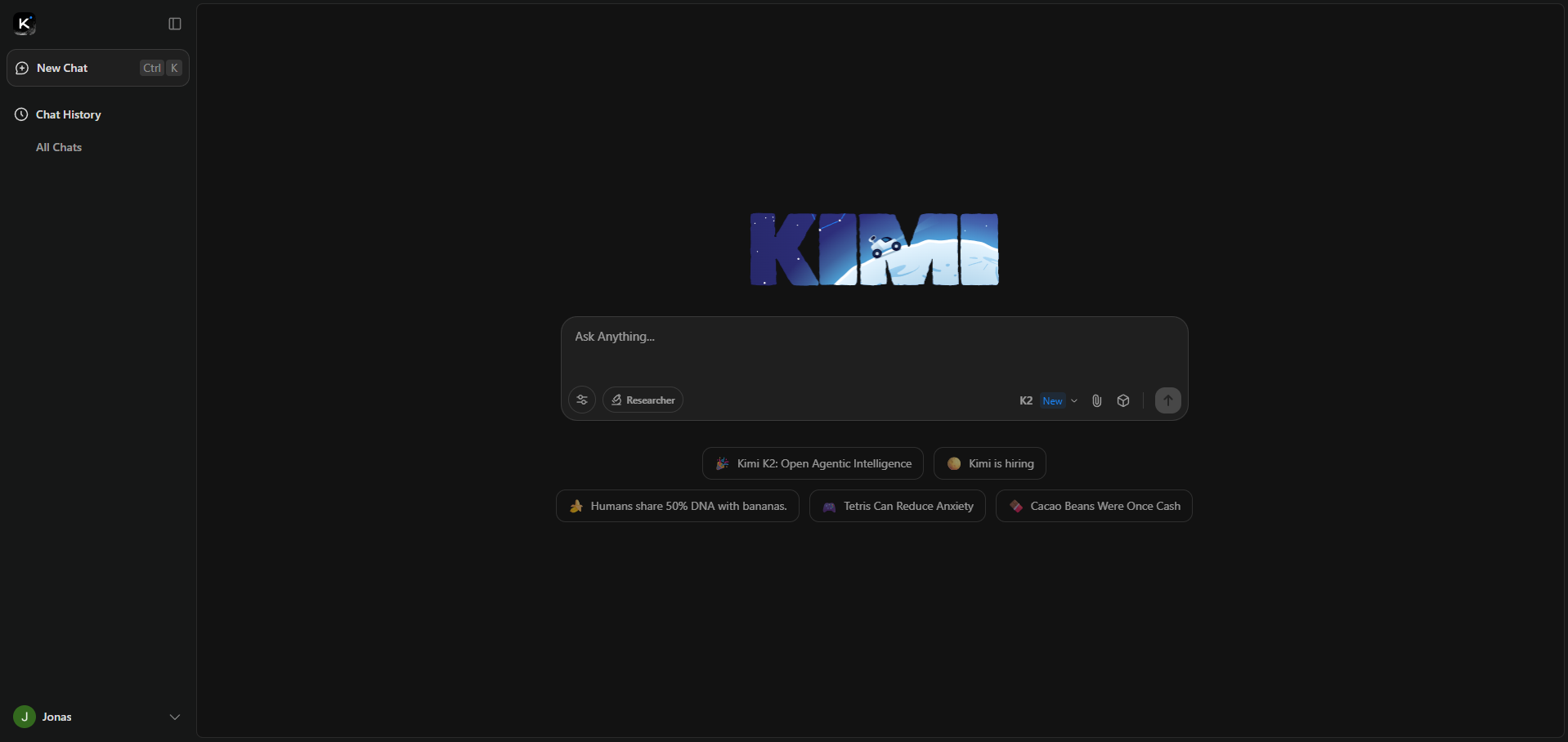 Screenshot of the Kimi K2 website