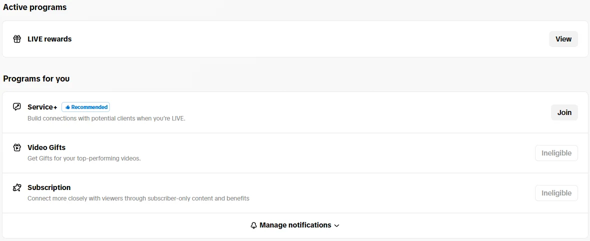 TikTok Monetization page showing Video Gifts and Subscription as Ineligible