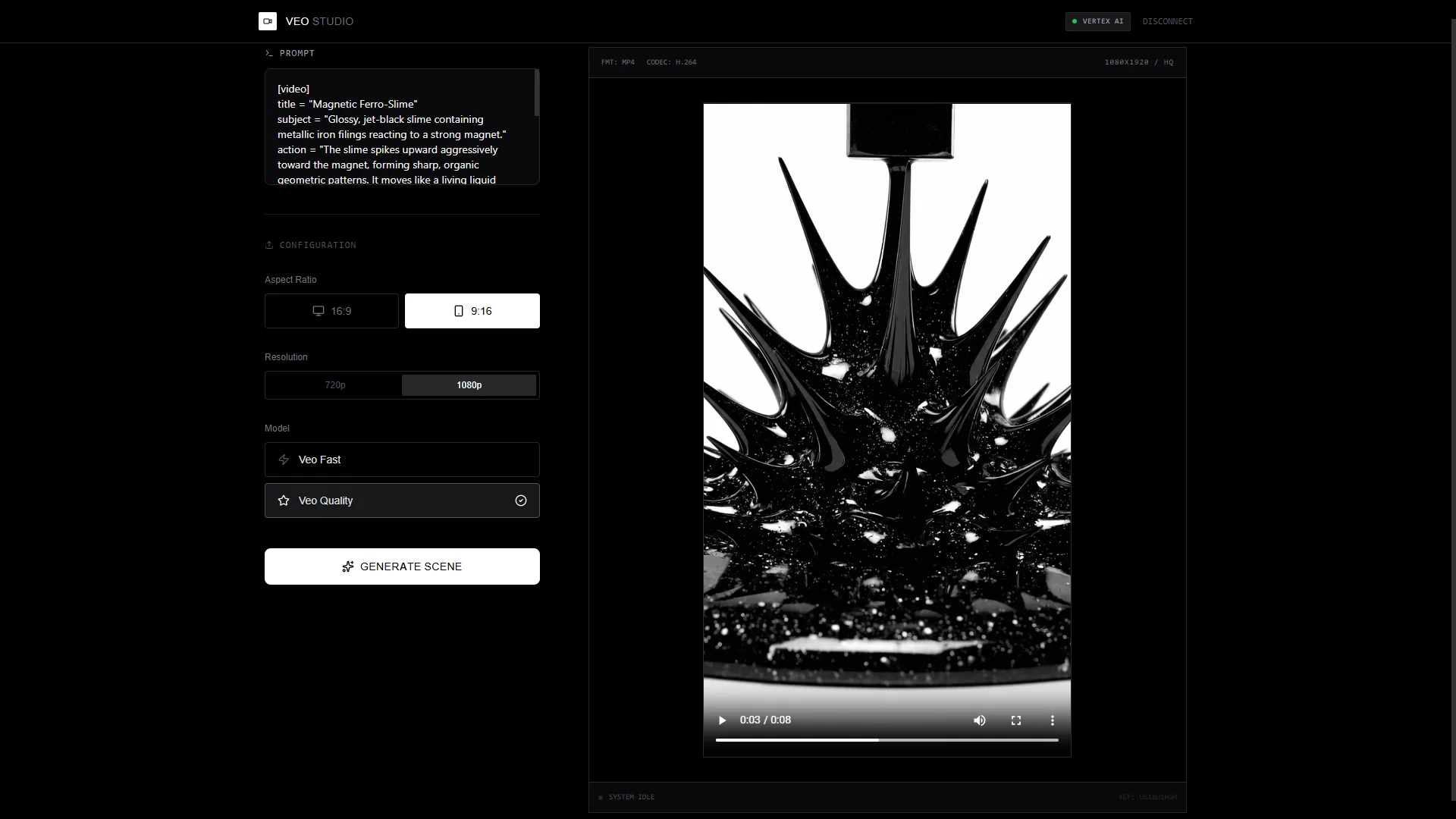 Veo Studio interface showing Magnetic Ferro Slime generation